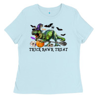 Baby Blue T-Rex Trick Rawr Treat Ladies Tee - RanaPortraitStore