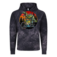 Cloud Black t rex dinosaur riding bicycle with retro forest sunset Vintage Hoodie - RanaPortraitStore