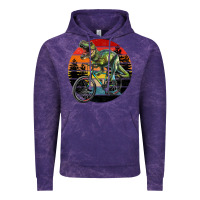 Cloud Purple t rex dinosaur riding bicycle with retro forest sunset Vintage Hoodie - RanaPortraitStore