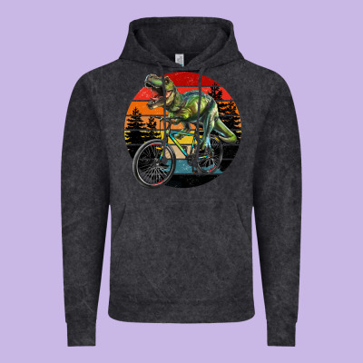 T Rex Dinosaur Riding Bicycle With Retro Forest Sunset Vintage Hoodie Designed By Ranaportraitstore