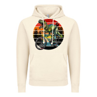Vintage Artic t rex dinosaur riding bicycle with retro forest sunset Vintage Hoodie - RanaPortraitStore