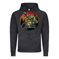 T Rex Dinosaur Riding Bicycle With Retro Forest Sunset Vintage Hoodie | Teevron