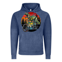Vintage Denim t rex dinosaur riding bicycle with retro forest sunset Vintage Hoodie - RanaPortraitStore