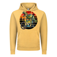 Vintage Mustard t rex dinosaur riding bicycle with retro forest sunset Vintage Hoodie - RanaPortraitStore