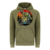 Vintage Olive t rex dinosaur riding bicycle with retro forest sunset Vintage Hoodie - RanaPortraitStore