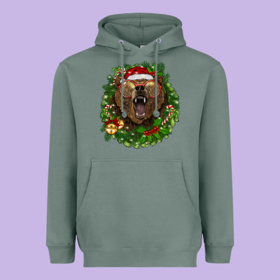 Christmas Bear  Wreath Heavyweight Hoodie Designed By Barkaloodesign