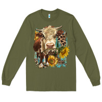 Army Green Hereford heifer with sunflower and leopard Long Sleeve Tee - LillyAllenDesigns