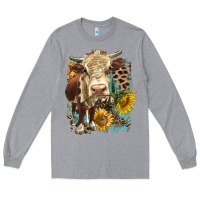 Heather Grey Hereford heifer with sunflower and leopard Long Sleeve Tee - LillyAllenDesigns