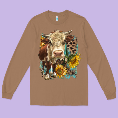 Hereford Heifer With Sunflower And Leopard Long Sleeve Tee Designed By Lillyallendesigns