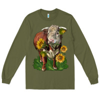 Army Green hereford bull with sunflowers Long Sleeve Tee - LillyAllenDesigns
