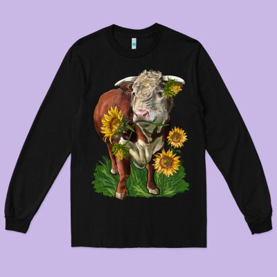 Hereford Bull With Sunflowers Long Sleeve Tee Designed By Lillyallendesigns