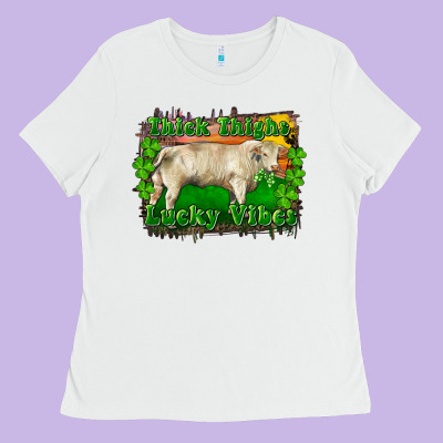 Ladies Tee Thick Thighs Lucky Vibes Charolais Bull