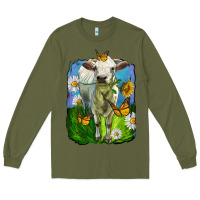 Army Green charolais heifer with sunflower and daisies Long Sleeve Tee - LillyAllenDesigns