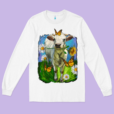 Charolais Heifer With Sunflower And Daisies Long Sleeve Tee Designed By Lillyallendesigns