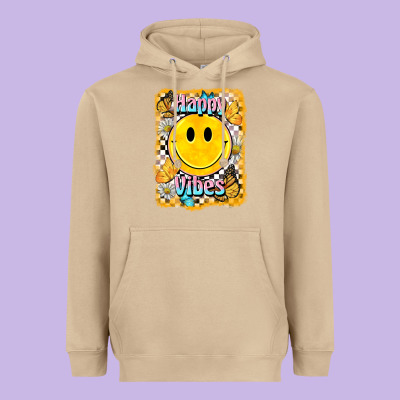 Happy Vibes Smiley Face Heavyweight Hoodie Designed By Barkaloodesign