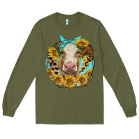 Army Green simmental heifer with sunflowers and leopard Long Sleeve Tee - LillyAllenDesigns
