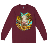 Burgundy simmental heifer with sunflowers and leopard Long Sleeve Tee - LillyAllenDesigns