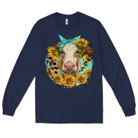 Navy simmental heifer with sunflowers and leopard Long Sleeve Tee - LillyAllenDesigns