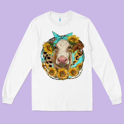 Simmental Heifer With Sunflowers And Leopard Long Sleeve Tee Designed By Lillyallendesigns