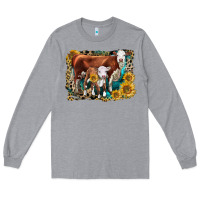 Heather Grey Hereford Cow and Hereford Calf With Leopard Long Sleeve Tee - LillyAllenDesigns