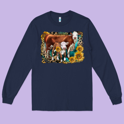 Hereford Cow And Hereford Calf With Leopard Long Sleeve Tee Designed By Lillyallendesigns