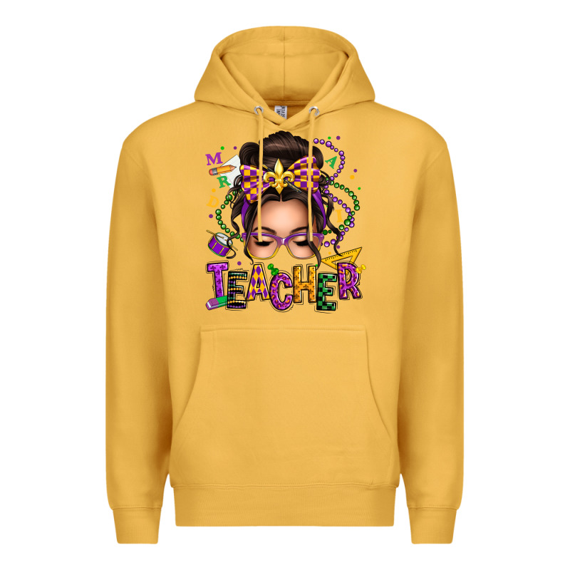 Mardi Gras Teacher Caucasian Messy Bun Premium Hoodie by texasbilliewilder | Teevron