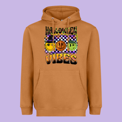 Halloween Vibes Smiley Face Heavyweight Hoodie Designed By Barkaloodesign