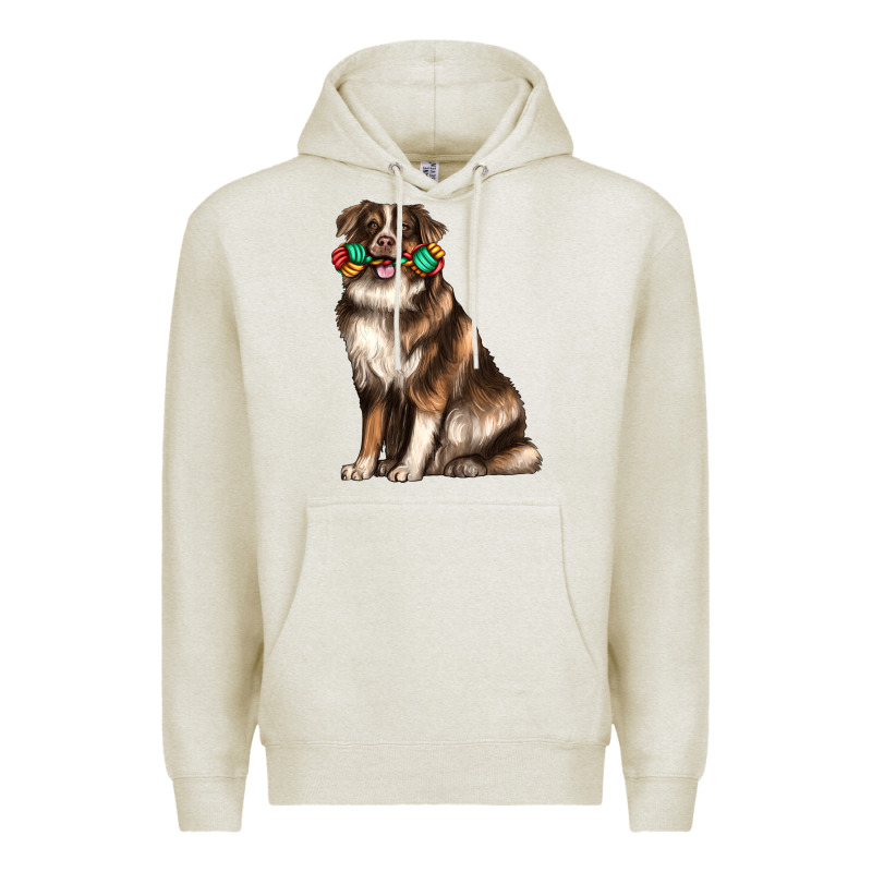 Australian Shepherd With Rope Toy Premium Hoodie by texasbilliewilder | Teevron