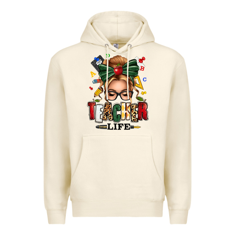 Teacher Life Blonde Caucassian Messy Bun Premium Hoodie by texasbilliewilder | Teevron