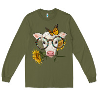 Army Green charolais calf with sunflowers and butterfly Long Sleeve Tee - LillyAllenDesigns