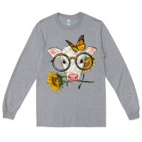 Heather Grey charolais calf with sunflowers and butterfly Long Sleeve Tee - LillyAllenDesigns