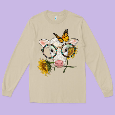 Charolais Calf With Sunflowers And Butterfly Long Sleeve Tee Designed By Lillyallendesigns