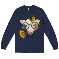 Navy charolais calf with sunflowers and butterfly Long Sleeve Tee - LillyAllenDesigns