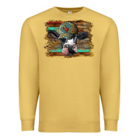 Antique Gold holstein cow with cap and leopard background Premium Sweatshirt - BarkalooDesign