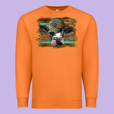 Holstein Cow With Cap And Leopard Background Premium Sweatshirt Designed By Barkaloodesign