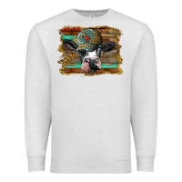 Oatmeal Heather holstein cow with cap and leopard background Premium Sweatshirt - BarkalooDesign