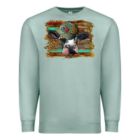 Seafoam holstein cow with cap and leopard background Premium Sweatshirt - BarkalooDesign