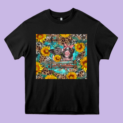 Baby Pigs With Leopard Cowhide And Sunflowers Heavy Core Tee Designed By Artiststas