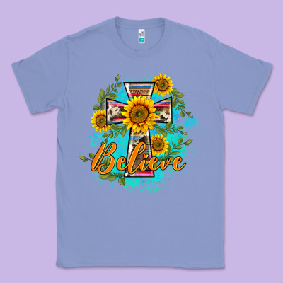 Western Belive Sunflowers Cross Classic Tee Designed By Barkaloodesign