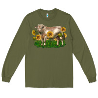 Army Green charolais bull with sunflowers Long Sleeve Tee - LillyAllenDesigns