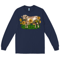 Navy charolais bull with sunflowers Long Sleeve Tee - LillyAllenDesigns
