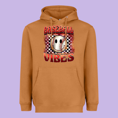 Baseball Vibes Smiley Face Heavyweight Hoodie Designed By Barkaloodesign