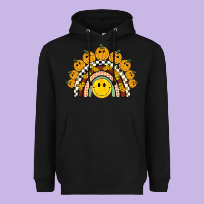 Fall Smiley Face Groovy Rainbow Heavyweight Hoodie Designed By Barkaloodesign
