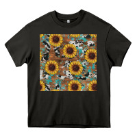 Asphalt western sunflowers turquoise cowhide seamless background Heavy Core Tee - RanaPortraitStore