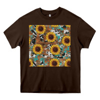 Chocolate Brown western sunflowers turquoise cowhide seamless background Heavy Core Tee - RanaPortraitStore