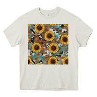 Cream western sunflowers turquoise cowhide seamless background Heavy Core Tee - RanaPortraitStore