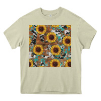 Mossy western sunflowers turquoise cowhide seamless background Heavy Core Tee - RanaPortraitStore