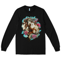 Black mustang horse with floral background Long Sleeve Tee - LillyAllenDesigns