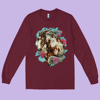 Mustang Horse With Floral Background Long Sleeve Tee Designed By Lillyallendesigns