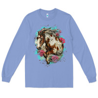 Colony Blue mustang horse with floral background Long Sleeve Tee - LillyAllenDesigns